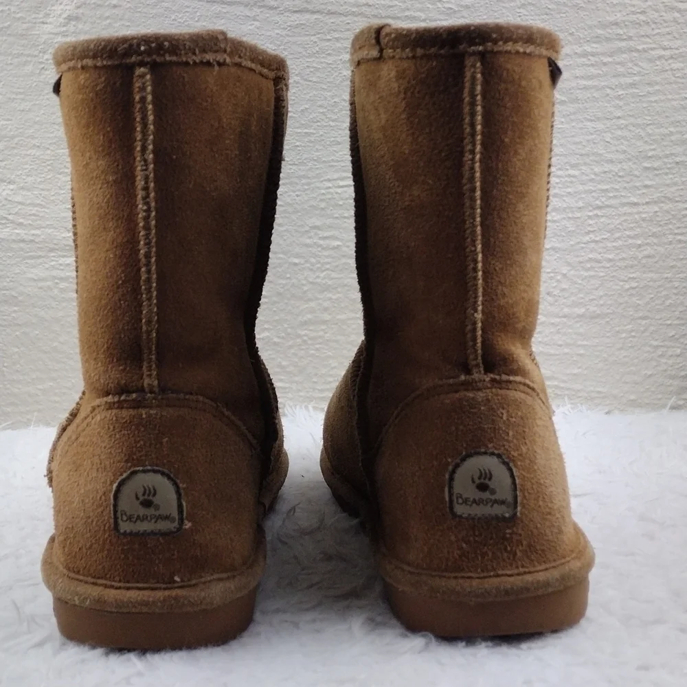 BEARPAW Emma Tan Suede Leather Wool Lining Mid Calf Slip On Boots